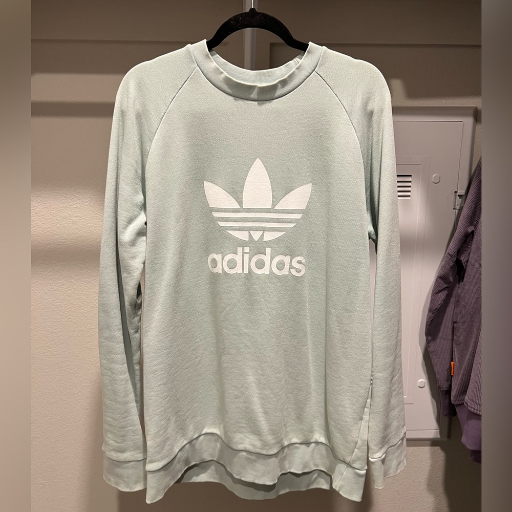 Drop Shoulder Heavy Weight Adidas Pullover Crew Trefoil Logo Light Blue - XL